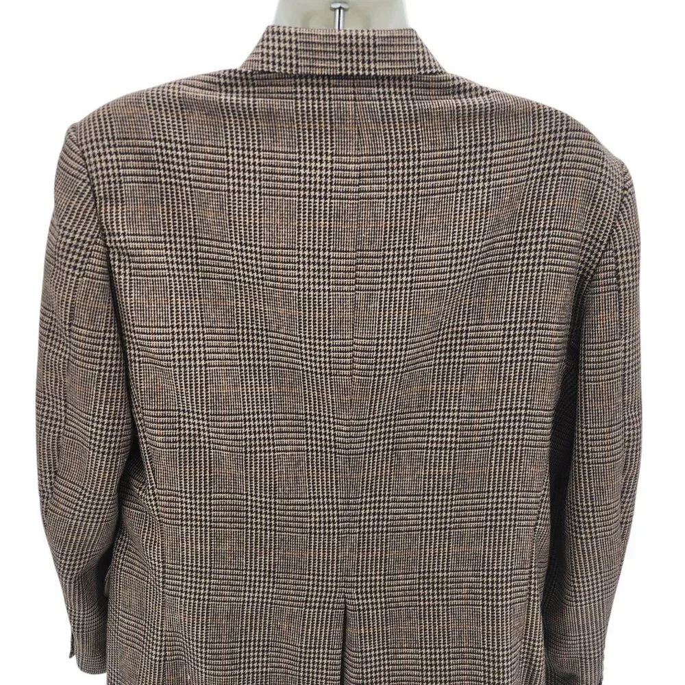 Vintage Robert Stock Mens 42R Blazer Jacket Wool Blend Houndstooth Plaid Tan